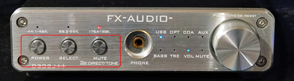 「POWER」「SELECT」「MUTE」のボタン。「MUTE」ボタンはモードの切り替えも兼ねる。