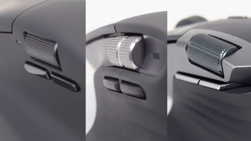 左からKeychron M6、MX Mater 3S、Rapoo MT760のサイドホイール。