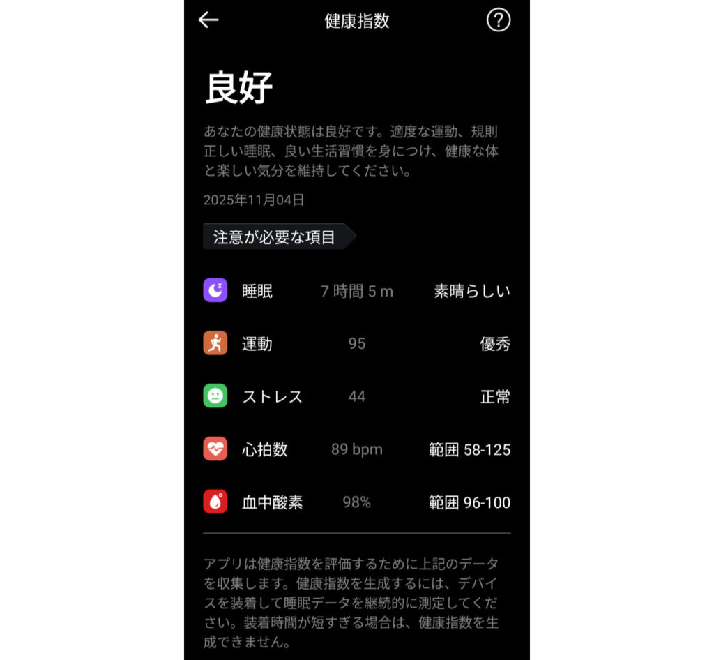 FOSMET RINGアプリの健康指数の画面。