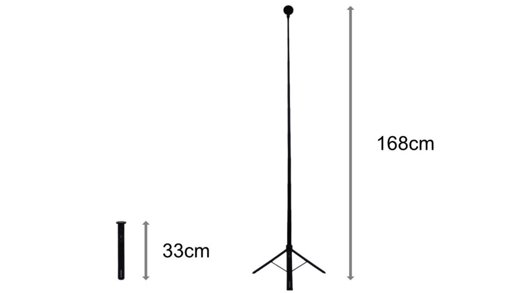 収納時は33cm、最長で約168cm(66インチ)を誇る。