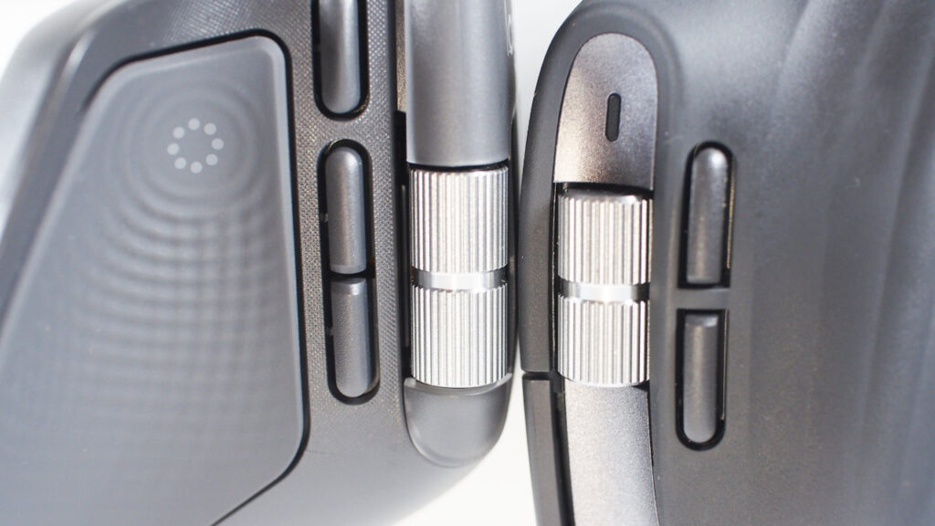 左：MX Master 4、右：MX Master 3Sのサイドホイール（サムホイール）。