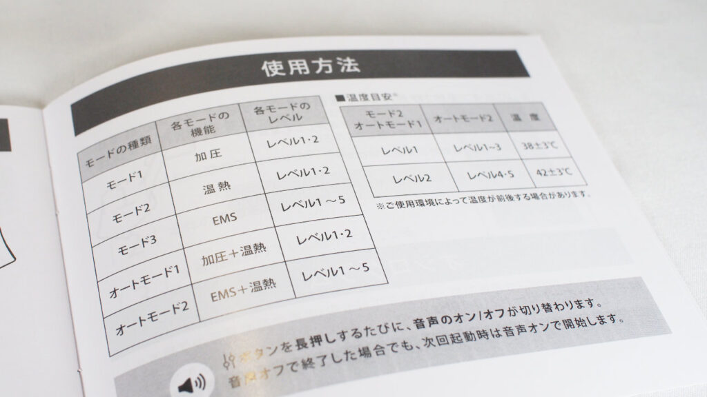 NIPLUX EMS EYE RELAXのモードは5つ。