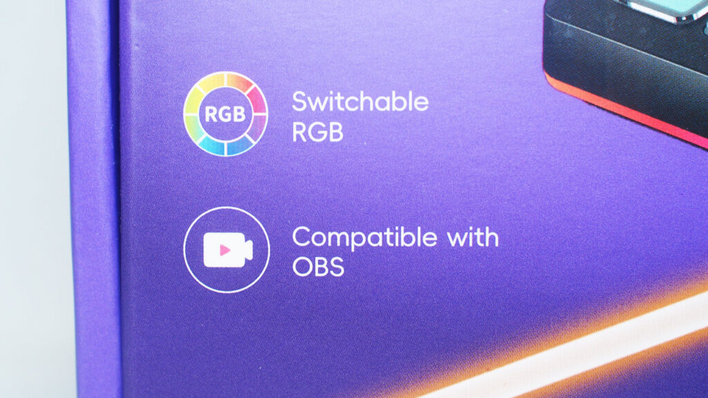 パッケージのSwitchable RGBとCompatible with OBSの表記。