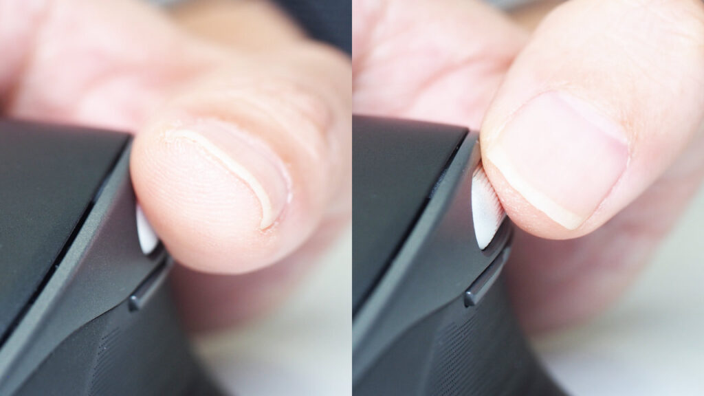 左:親指を寝かせた状態、右:親指を立てた状態。