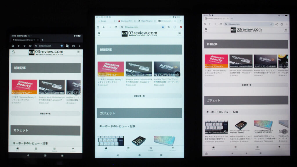 左：Redmi Pad SE 8.7、中央：FPD CP10-J1、右：Fire HD 10（2021）。