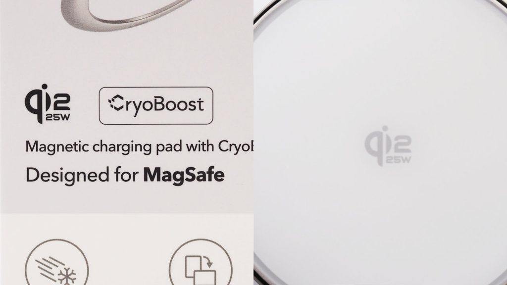 ESR Cyclone 25W マグネット充電パッド CryoBoost搭載にあるQi2 25W認証マーク。