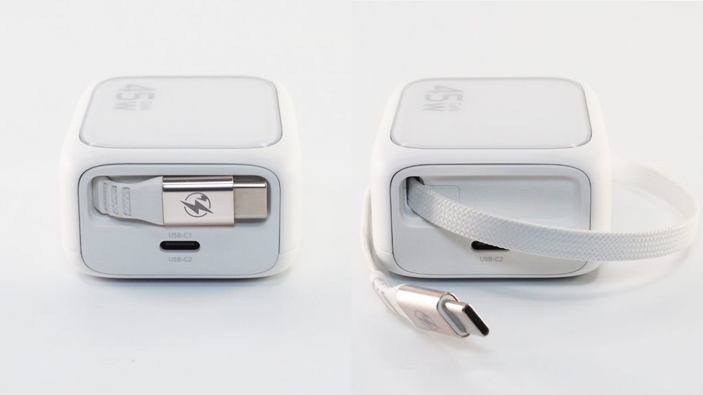 ESR Xtend 45W 巻き取り式充電器のケーブル収納時と引き出した時。