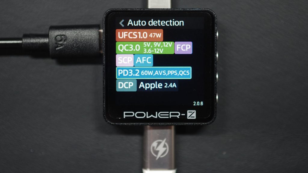 ESR Xtend 45W 巻き取り式充電器をテスターの結果（対応充電規格）。