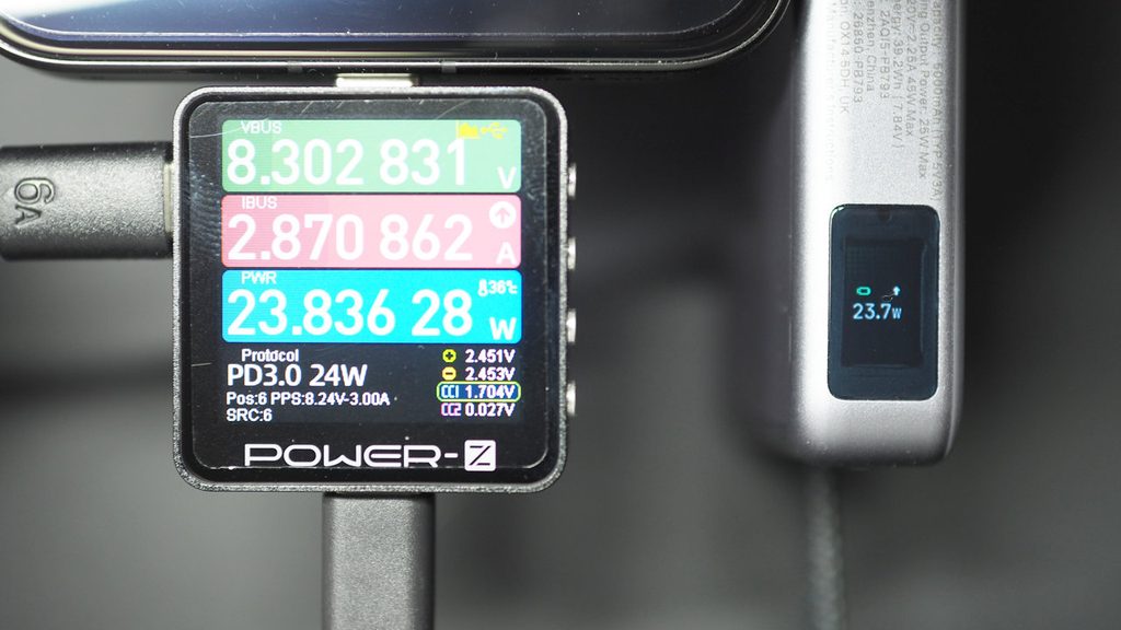 UGREEN MagFlow Pro 10000mAhのディスプレイ表示とテスター表示の比較。