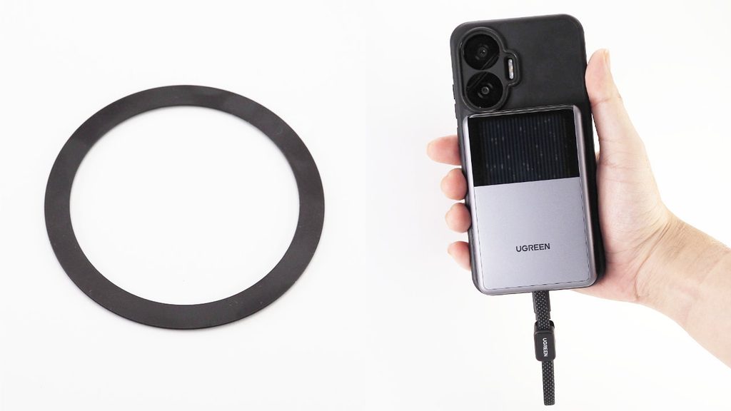 左：金属リング。右：金属リングを使用してPOCO F7の背面にUGREEN MagFlow Pro 10000mAhを固定。