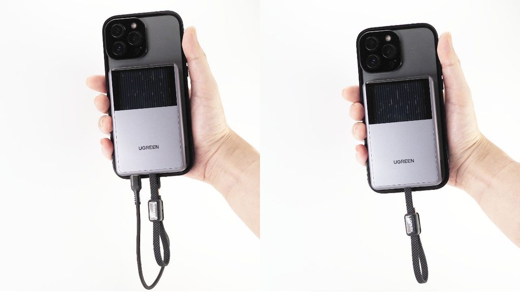 左：Lightningケーブル使用。右：ワイヤレス充電。iPhone 13 Pro Maxはワイヤレス充電の方がすっきりする。